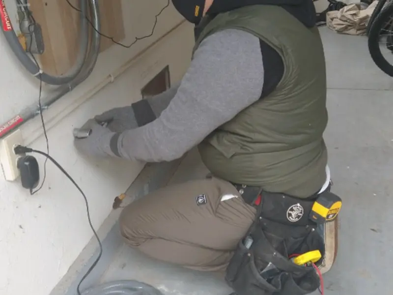 Electrician performing outlet wiring in a Palos Hills garage